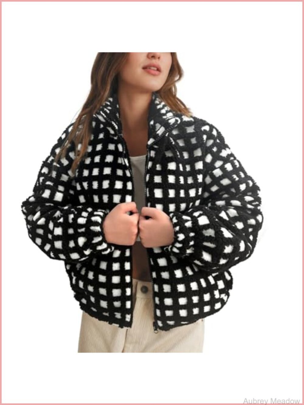 Womens Cropped Sherpa Fleece Jacket Zip Up Plaid Gingham Casual Coat Pockets